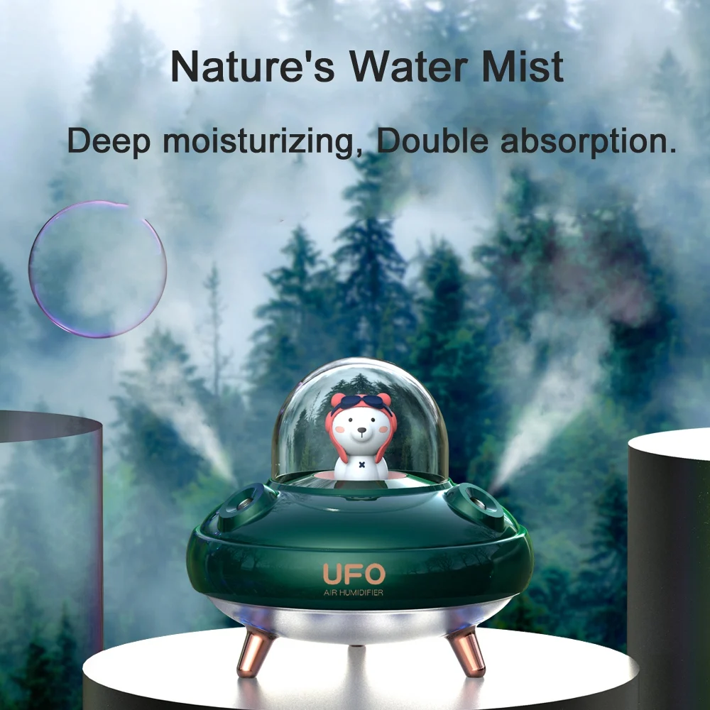 Dual Nozzles UFO Humidifier Desktop Air Humidifier Cute Planet Bear LED Light Ultrasonic Aroma Essential Oil Diffuser