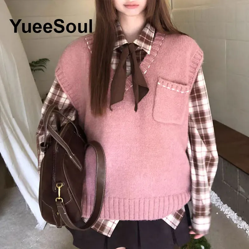 Dolce e carino rosa lavorato a maglia maglione da donna gilet senza maniche maglieria oversize allentata 2025 nuovo Y2K Fairycore gilet in maglia stile coreano