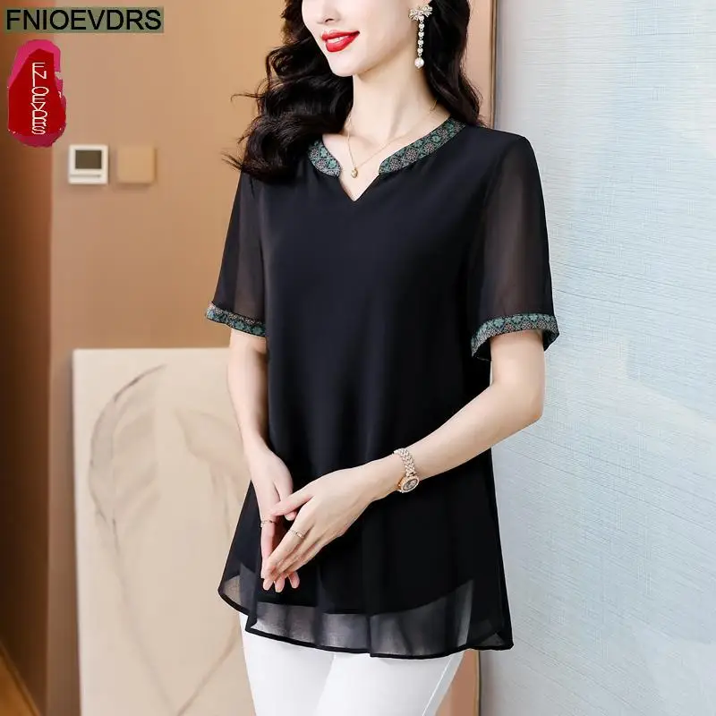 M-3XL Loose Clothes 2024 Women European Fashion Elegant Black Shirt Casual Tunic Belly Peplum Embroidery Tops And Blouses