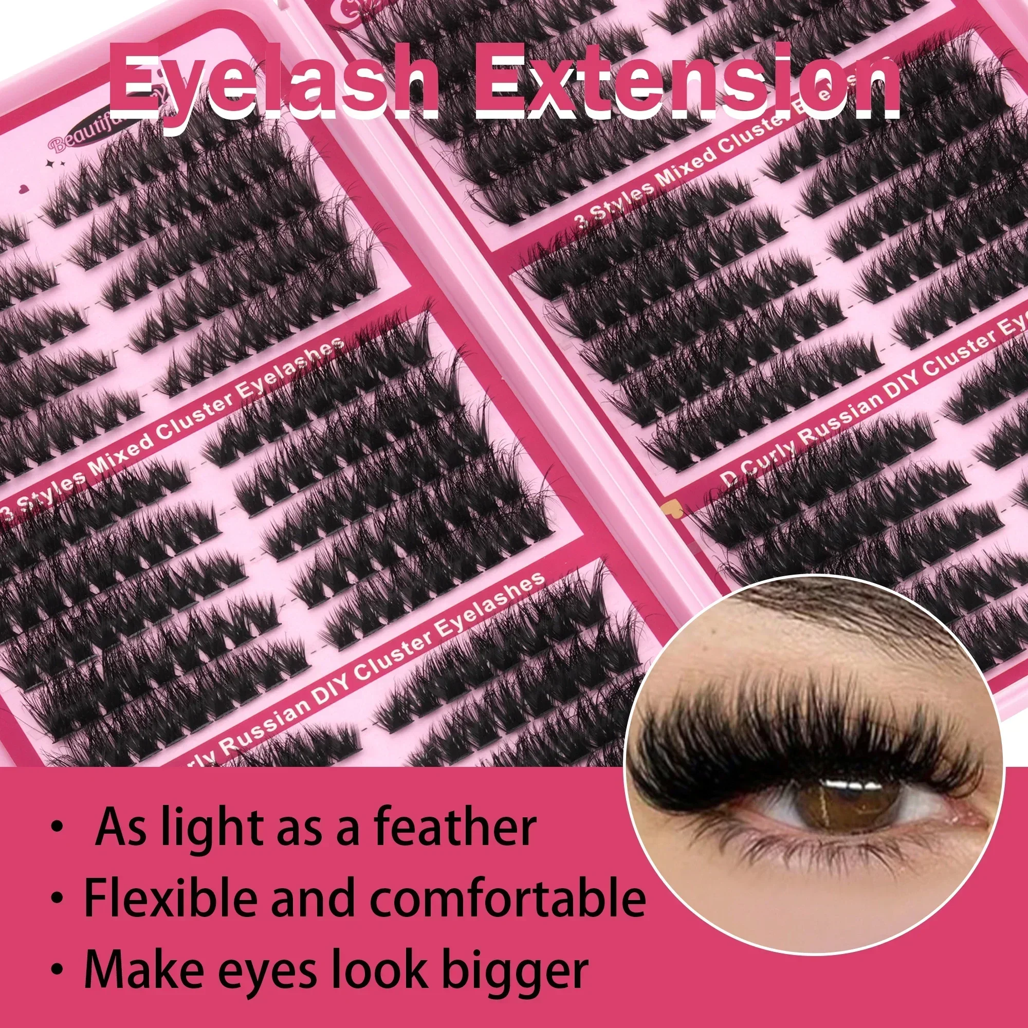 30 Rows Mixed Cluster Lashes 3 Styles D Curl Wispy Individual False Eyelashes Fluffy DIY Eyelash Extensions For Women Eye Makeup