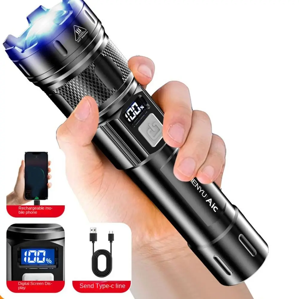 

Powerful LED Display Flashlight Zoom USB Rechargeable Telescopic Zoom Torch Long Range Spotlight High Power Camping Light