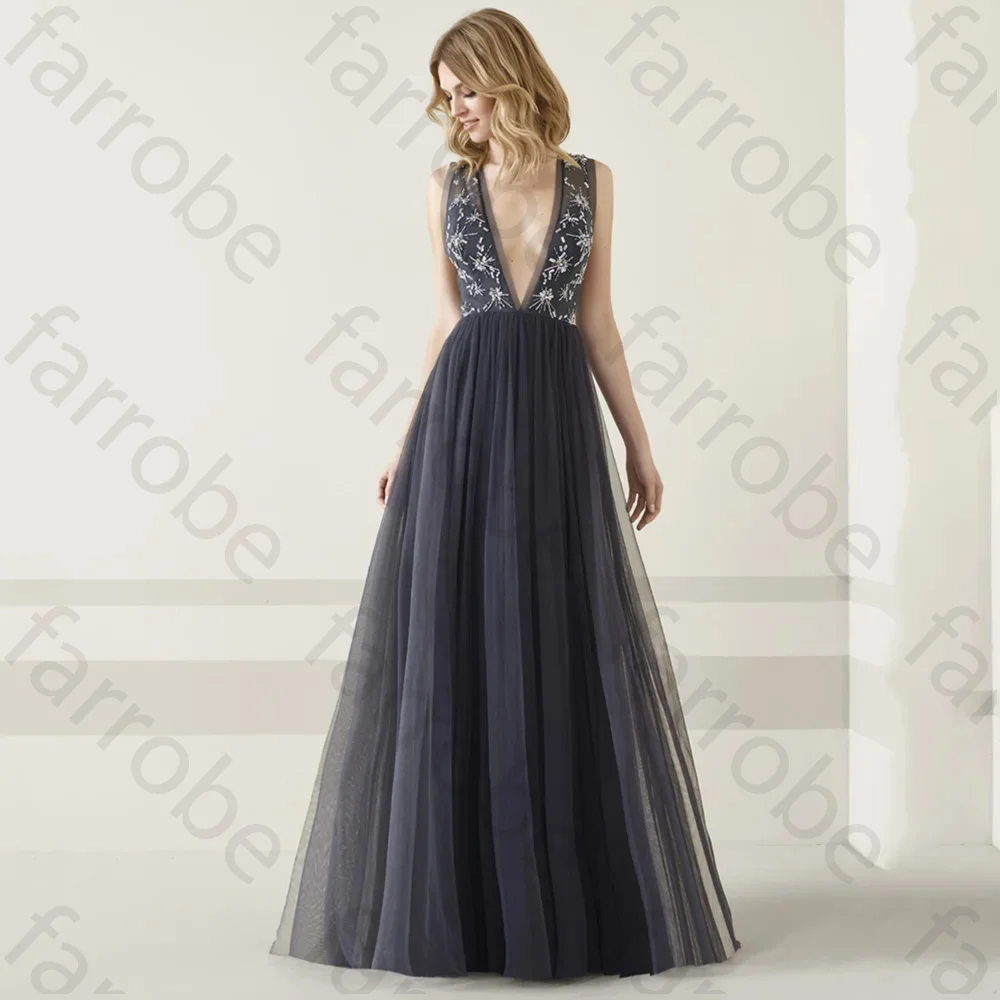 Customized Sexy A Line Evening Dresses Plunging Neckline Sleeveless Beaded Crystals Formal Prom Party Gown Long Special Occasion