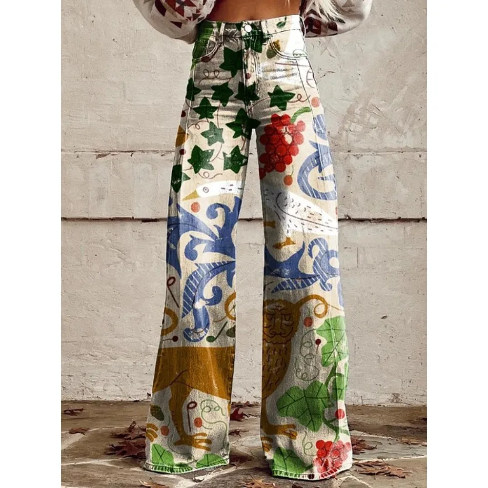 Damenhose mit Folk-Art-Print, hoher Taille und weitem Bein, Boho-Freizeithose, farbenfrohe, bequeme, locker sitzende Hose für den Alltag – Detail 13
