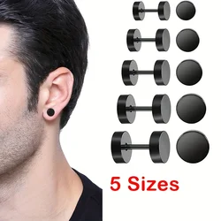 5 Pairs Unisex Punk Stylish Black Stainless Steel Round Barbell Stud Earrings Set for Men Women Everyday Wear Size 4/6/8/10/12mm