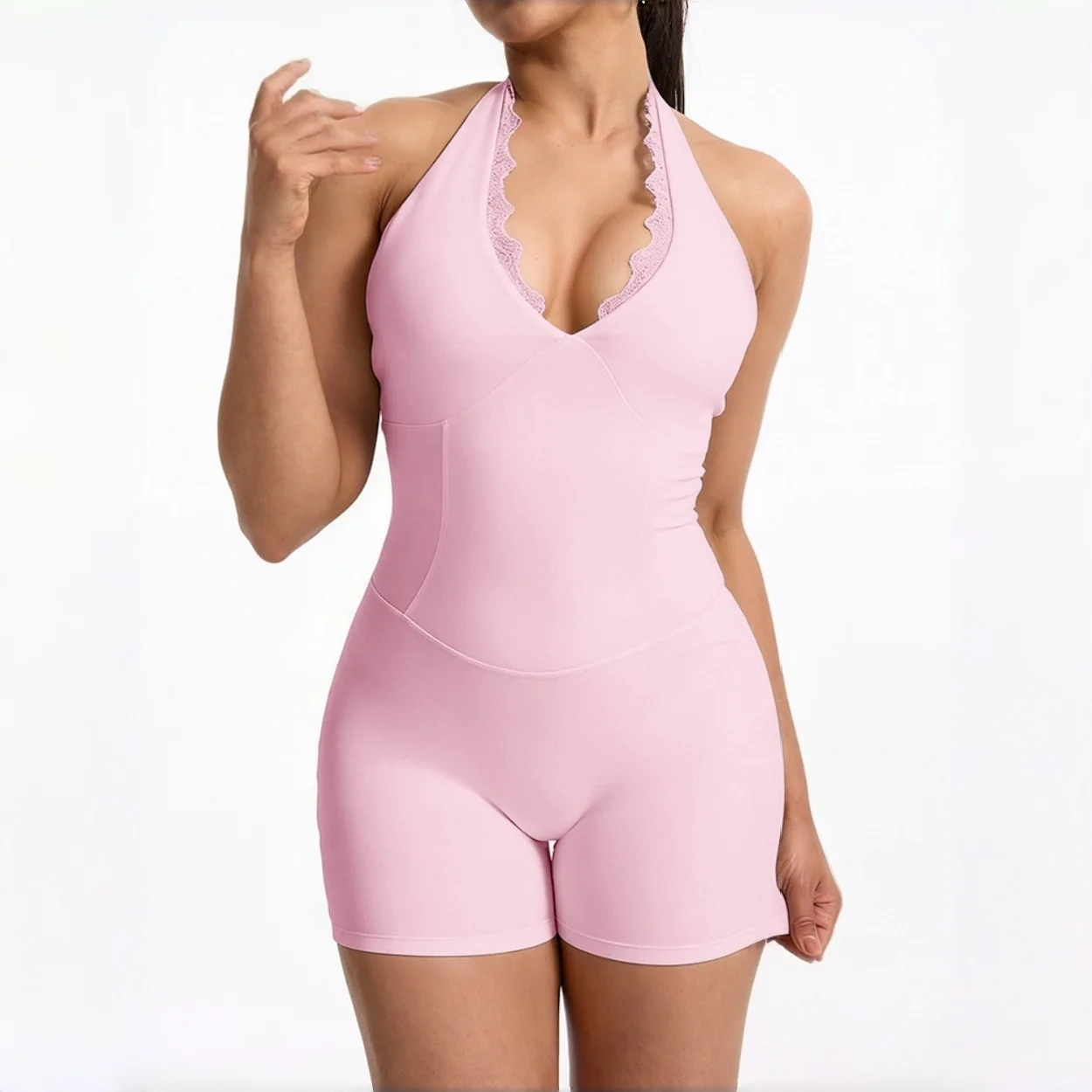 One-Piece Lace V-Neck Jumpsuit Yoga Outfit Sexy Back And Hip Lifting Jumpsuit Shorts Quick Drying Sports And Fitness Outfit
