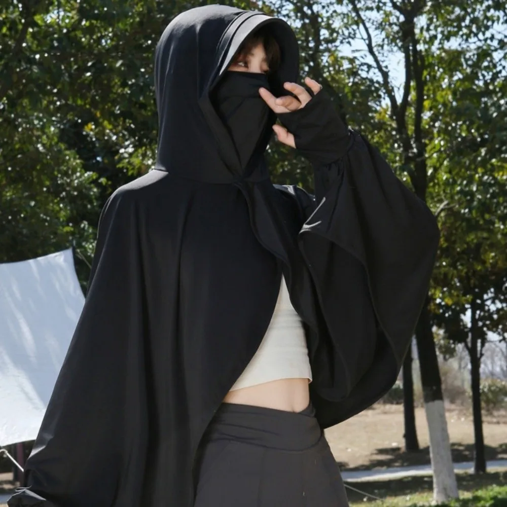 

Solid Color 3 in 1 Sunscreen Hoodie Thin UV Protection Facemask Hat Sunscreen Shawl Loose Fit Quick Dry Summer Ice Silk Cape