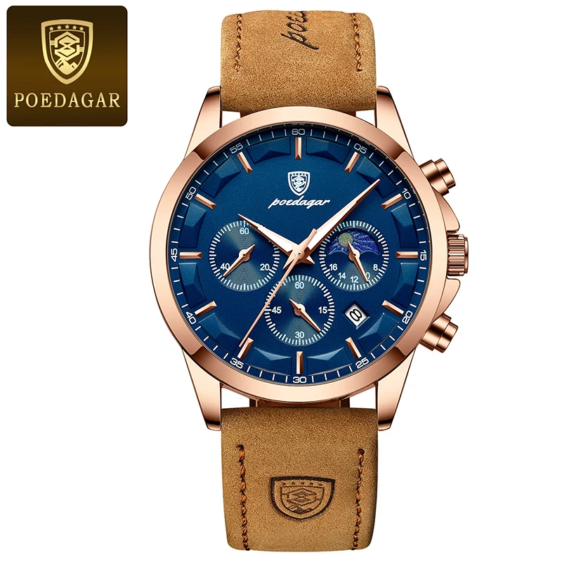 

POEDAGAR Casual Leather Men's Watch Sport Multifunction Stopwatch Calendar Male Clock Waterproof Moon Phase Luminous Wristwatch