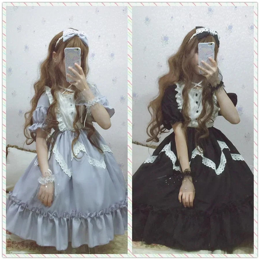 Japonês doce lolita vestido feminino kawaii vitoriano chá festa mangas compridas rendas gótico meninas lolita vestidos cosplay preto lolita