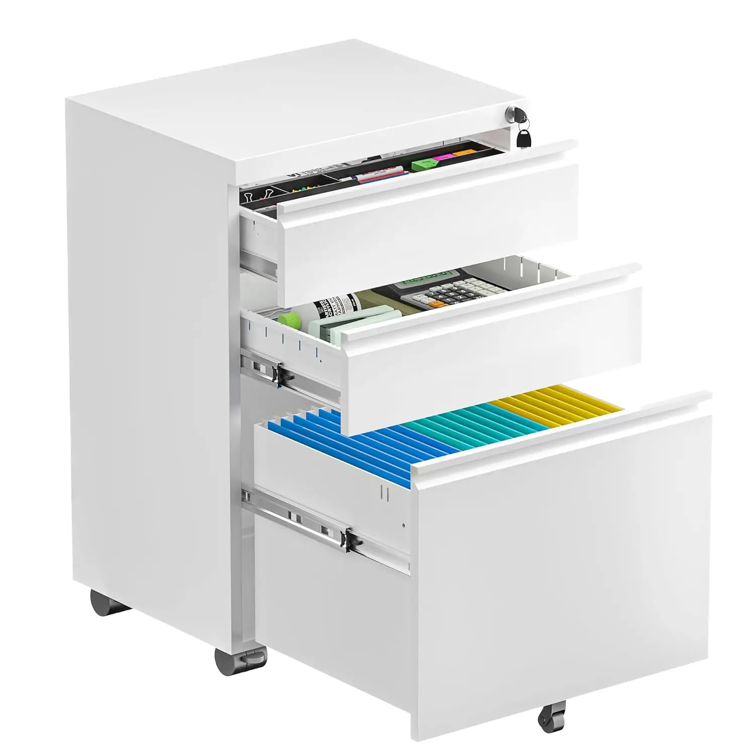 

3 Drawer White File Cabinet, Fully Assembled Metal Rolling Filing Cabinet With Lock, Under Desk Drawer Filing, Customized