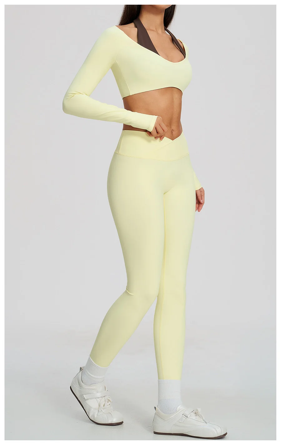 Yoga-Set 2-teilig, Fitnessbekleidung, Trainingsanzug, Lauf-Sportbekleidung, Outfit, hochtailliert, weites Bein, langärmeliges Crop-Top – Detail 15
