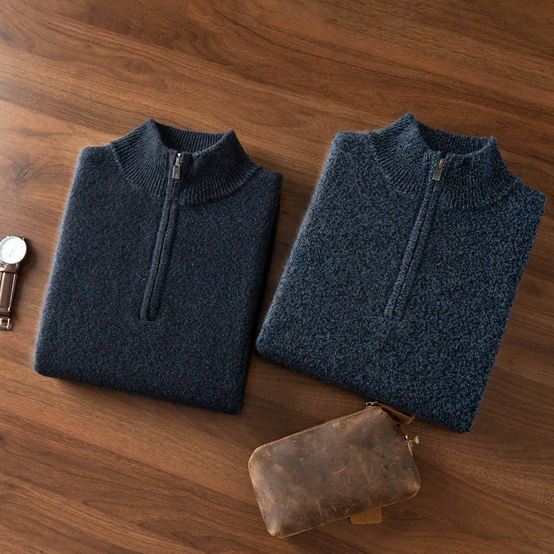 Jerséis con cremalleras de Cachemira para hombre, suéter con cuello simulado, Otoño Invierno, prendas de punto informales inteligentes de 100% de Cachemira, Tops de hilo de tres colores