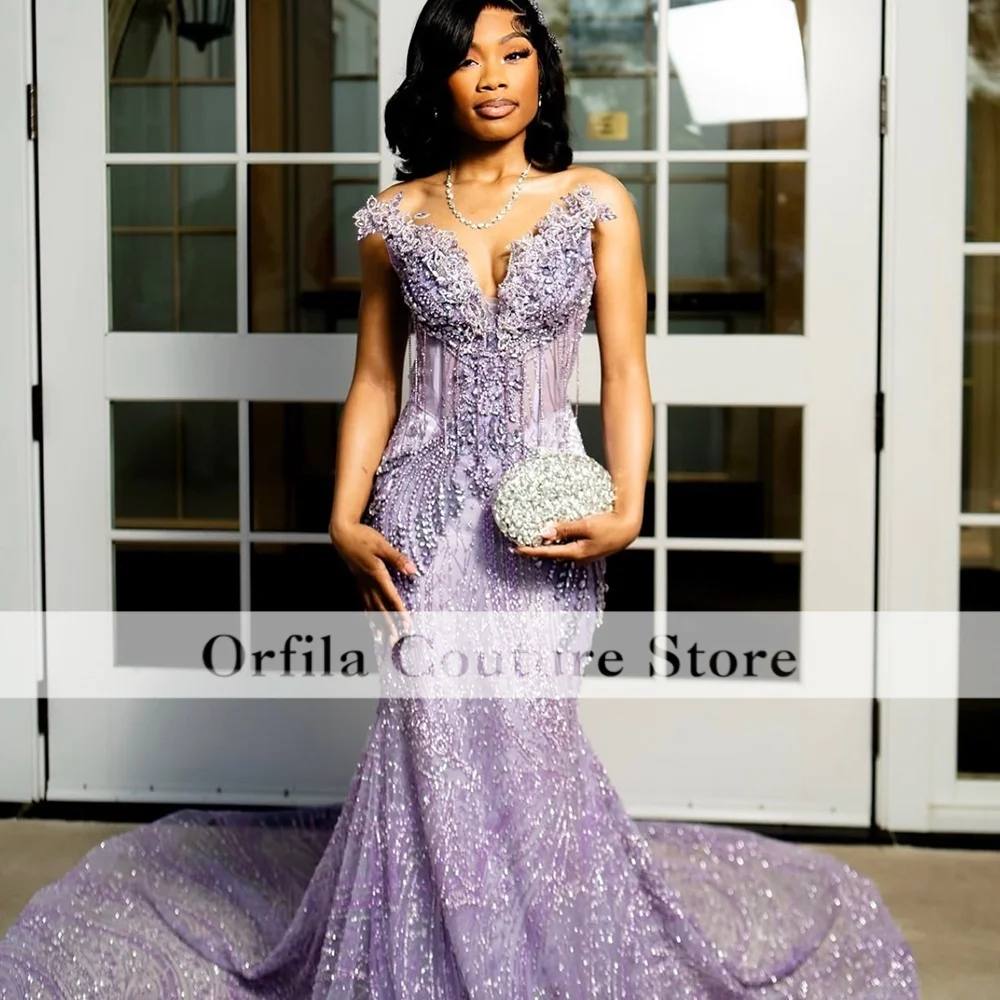 Purple Long Prom Dresses 2026 For Black Girls Corset Sweetheart Sequin Crystal Tassel Evening Gowns For Party Customized