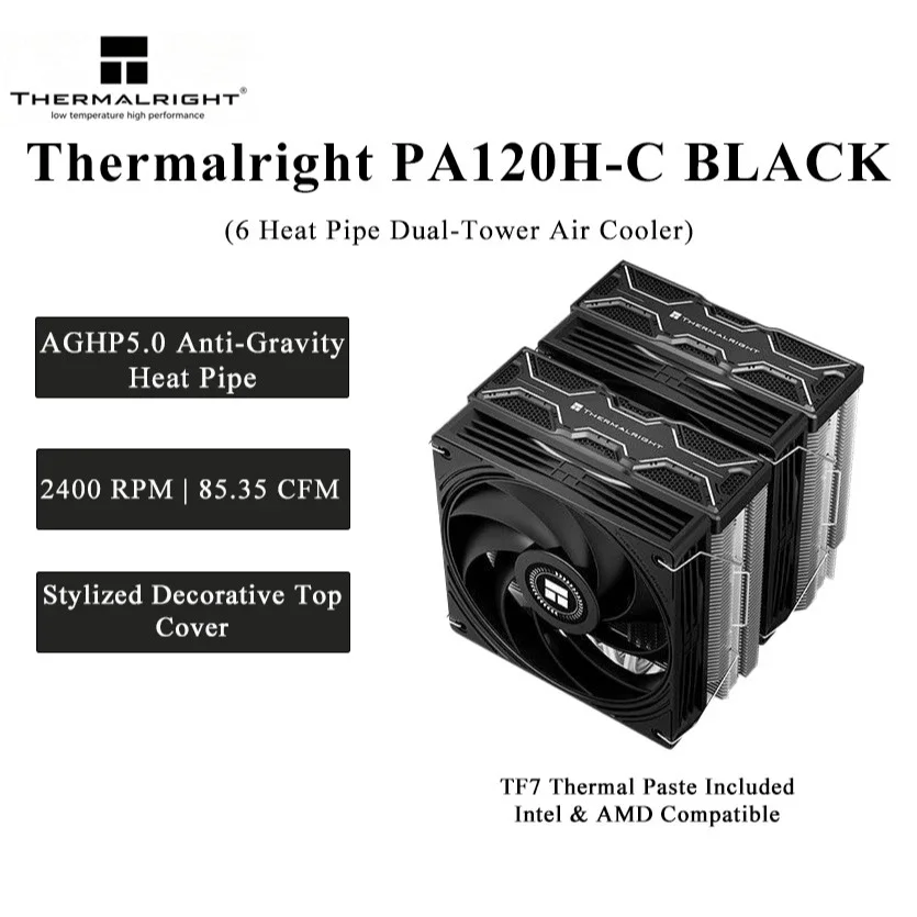 Thermalright PA120H‑C BLACK Dual‑Tower CPU Cooler 6 AGHP5.0 Heat Pipe 2400RPM 85.35CFM PWM Fan TF7 Thermal Paste For Intel AMD