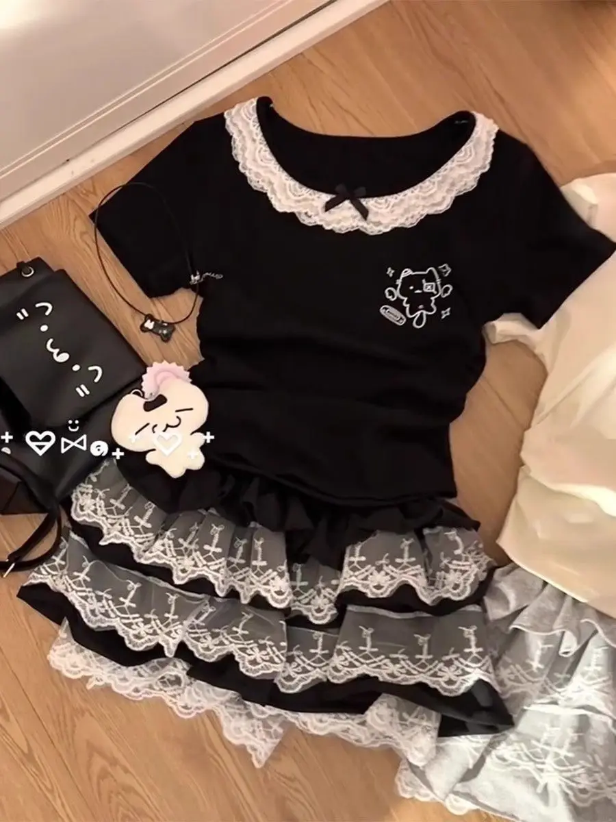 Neue Subkultur Y2k Zwei Stück Set Frauen Punk Dark Nette Tops + Spitze Mini Röcke Anzug Harajuku Japanischen Kawaii Design outfits 2025