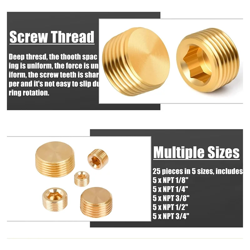 Pipe Plug Fitting,1/8 1/4 3/8 1/2 3/4In Male Internal Hex Thread Socket Pipe Plug Fitting Assortment Kit-B61B