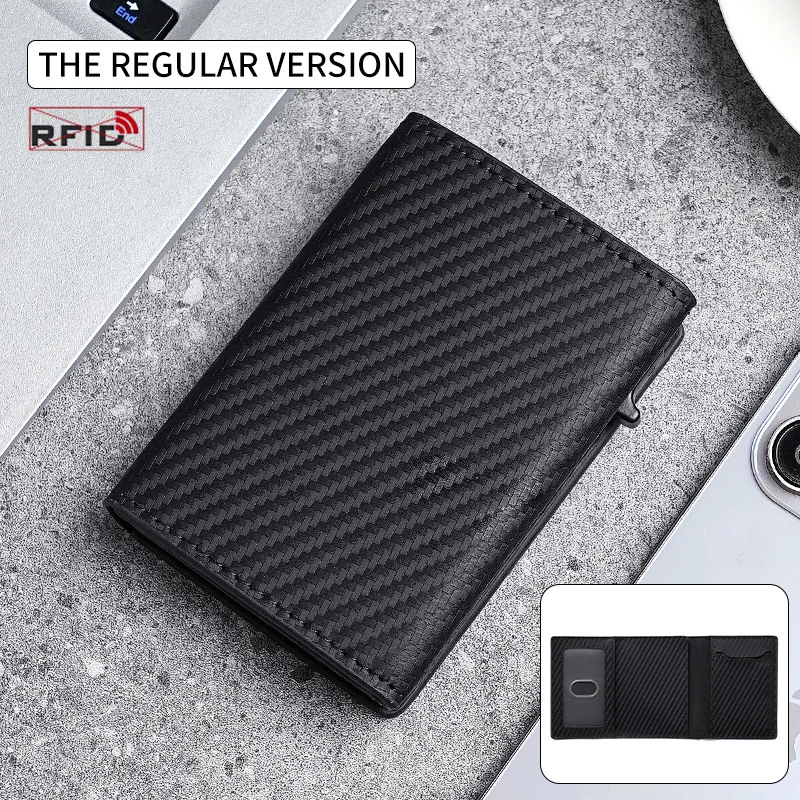 Auto-Pop Aluminum RFID Wallet with AirTag Tracking & Carbon Fiber Design - Slim Secure Card Holder