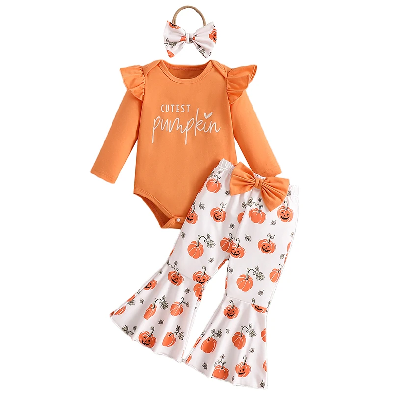 

3-Pieces Baby Girls Halloween Set Long Sleeve Ruffled Romper Flare Bow Pants Hair Band Letter Witch Pumpkin Print Outfits