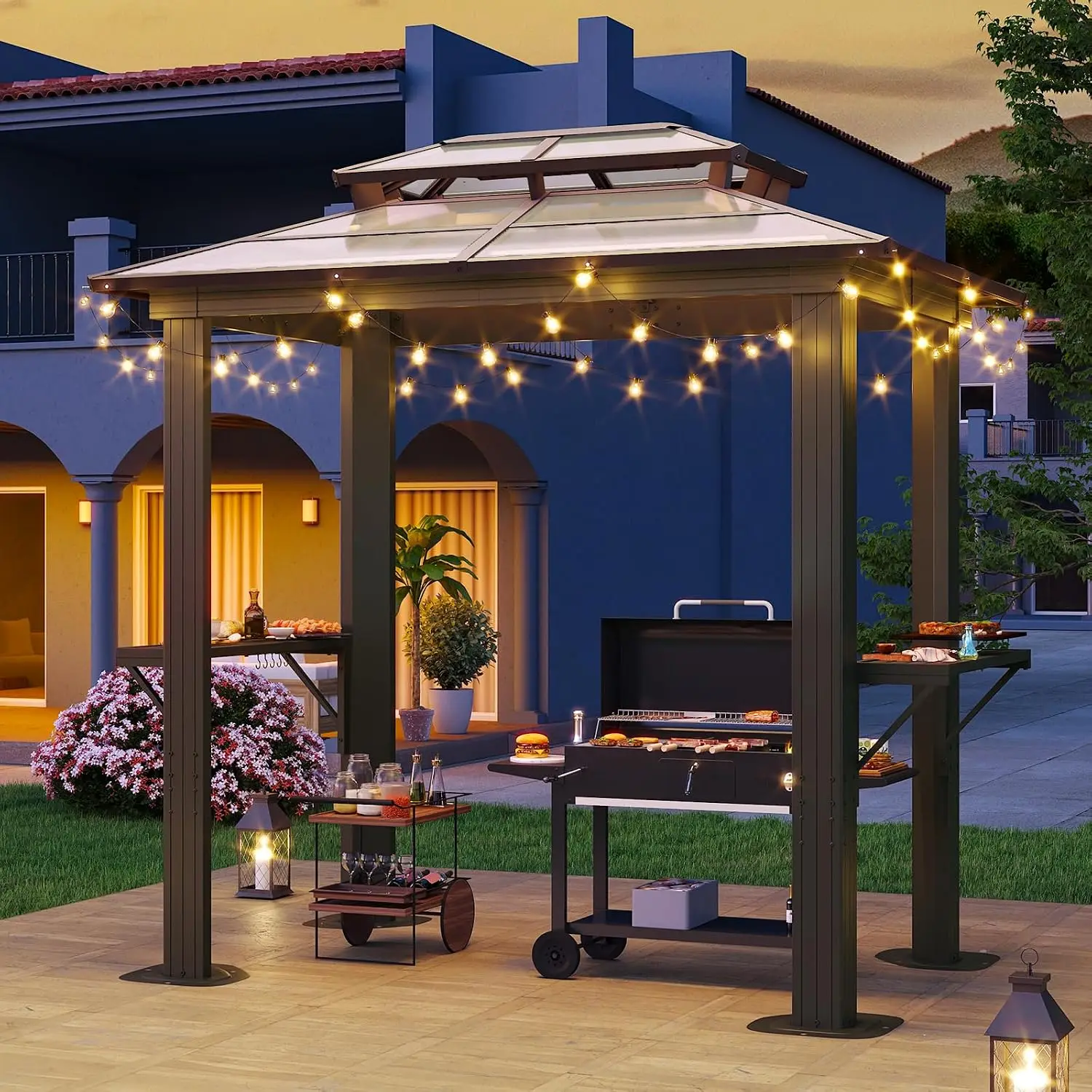 8x5ft Aluminum BBQ Gazebo, Double Polycarbonate Top & Shelves for Outdoor Grilling, Custom