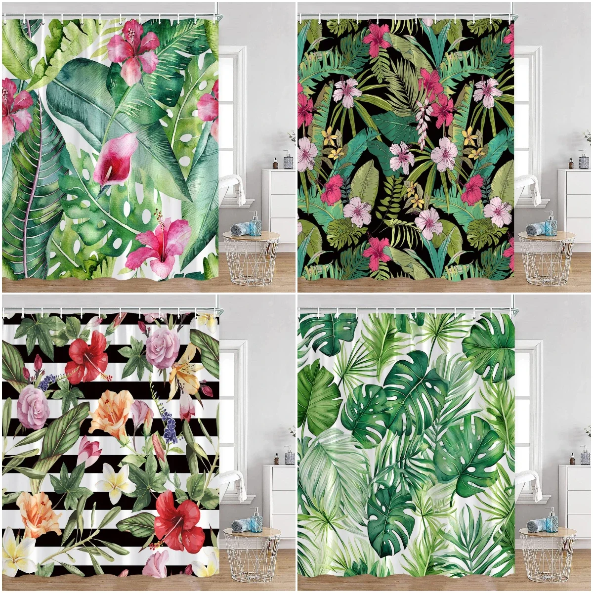 Tropical Leaves Shower Curtain Green Leaf Monstera Palm Flowers Floral Bathroom Curtains Greenery Bath Decoration with Hooks