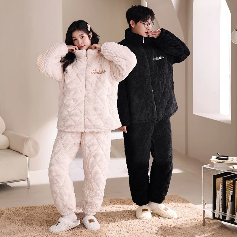 

Newest Winter Couple Pajamas Set 3 Layer Clip Cotton Pijama Women and Men Thick Homewear