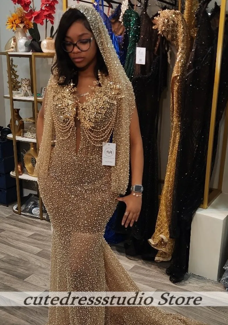 

Золотое выпускное платье для темнокожих девушек 2026: Роскошное вечернее платье-русалка без рукавов с пайетками, бисером и кристаллами, на заказ