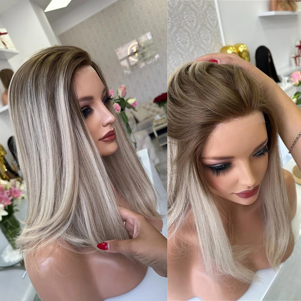Natural Wig Cool Blonde Balayage Bob Wig Synthetic Lace Front Wigs For Women Free Part 16