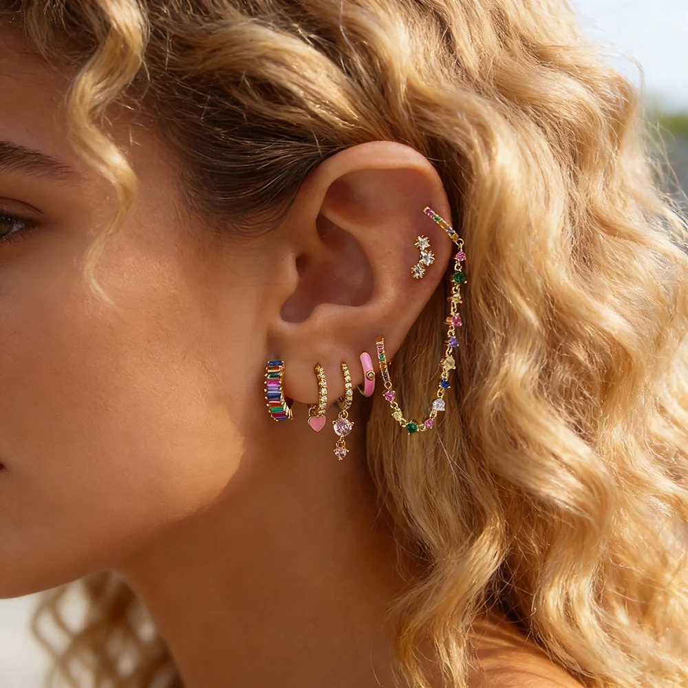 

Набор длинных круглых серег-подвесок Tiande с двойным кольцом и сердечком, женские серьги-гвоздики с разноцветными цирконами в форме звезды, аксессуары для пирсинга