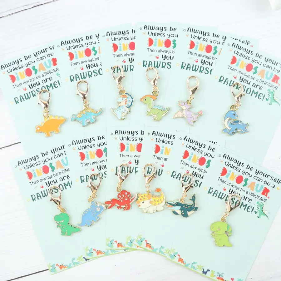 12pcs Cute Little Dinosaur Keychain Figurines. Includes a Motivational Dinosaur-Themed Greeting Card, Perfect as a Gift.