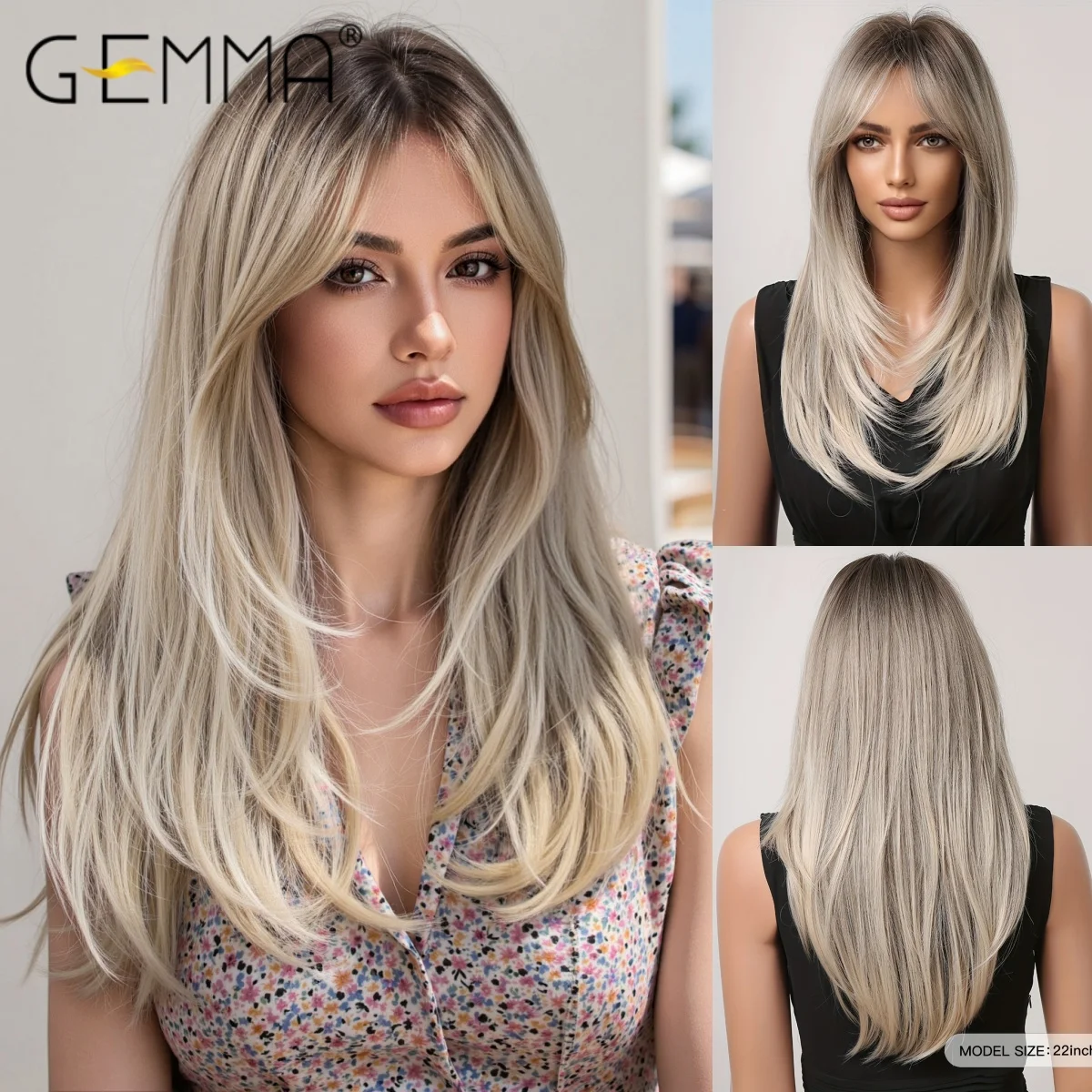 

GEMMA Long Straight Blonde to Grey Ombre Wig with Bangs for Women Heat Resistant Synthetic Hair Natural Look Daily Party Wear