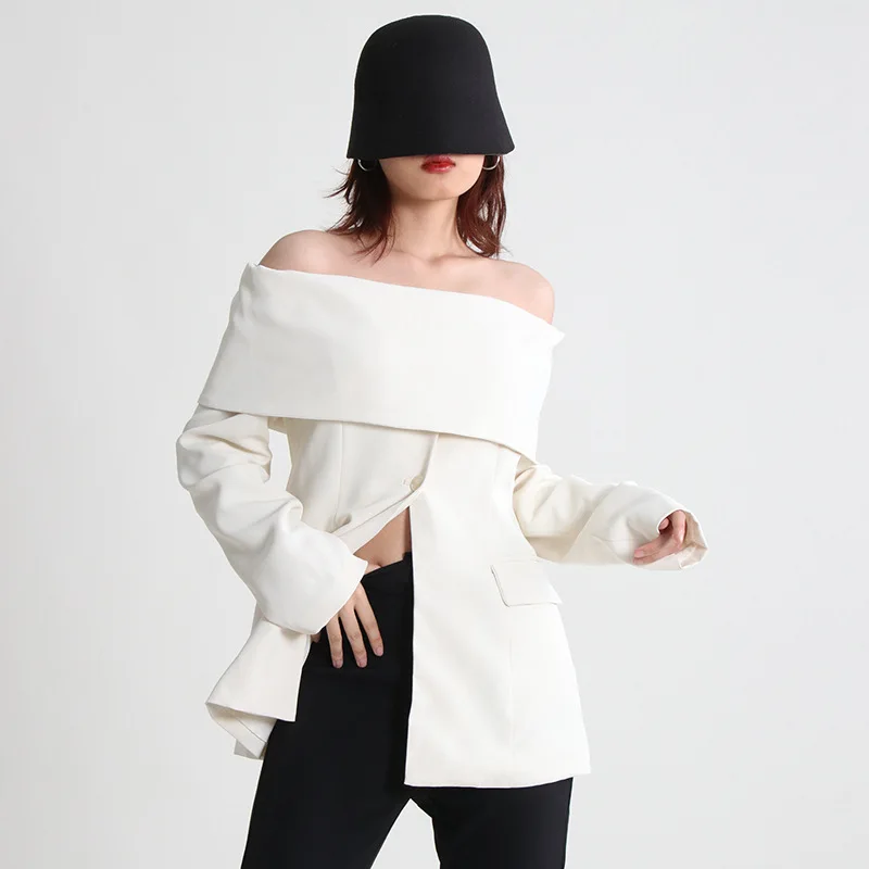 Chaqueta con cuello oblicuo para mujer, abrigo minimalista de manga larga con hombros descubiertos, ropa nueva de primavera y verano, 2024