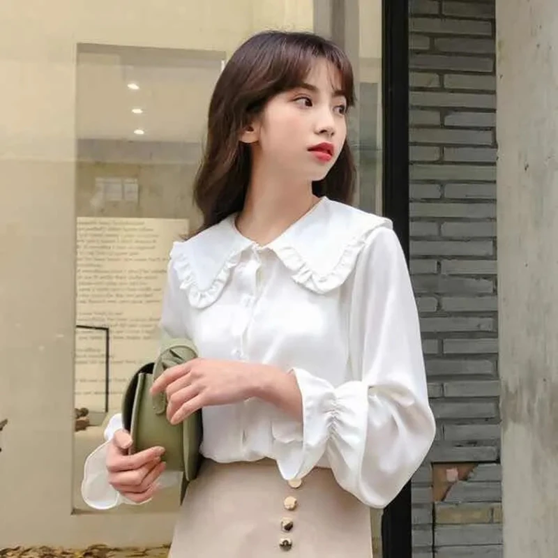 Lucyever Autumn White Blouses Women Sweet Simple Leisure Peter Pan Collar Shirts Girls Preppy Style Kawaii Long Sleeve Blouse