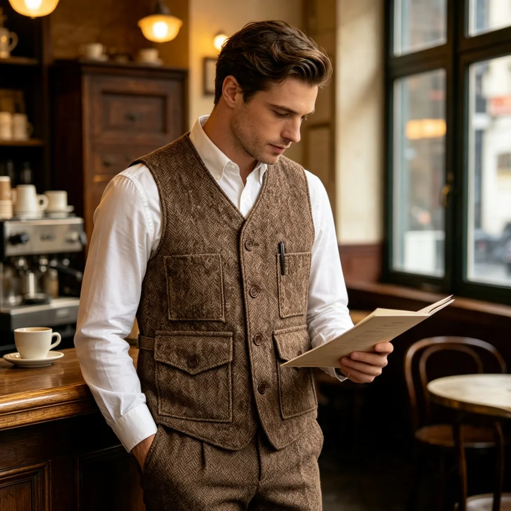 Men's Herringbone Tweed Vest Single Breasted Multi Pocket Business Men's Herringbone Waistcoat For Wedding Groomsemen