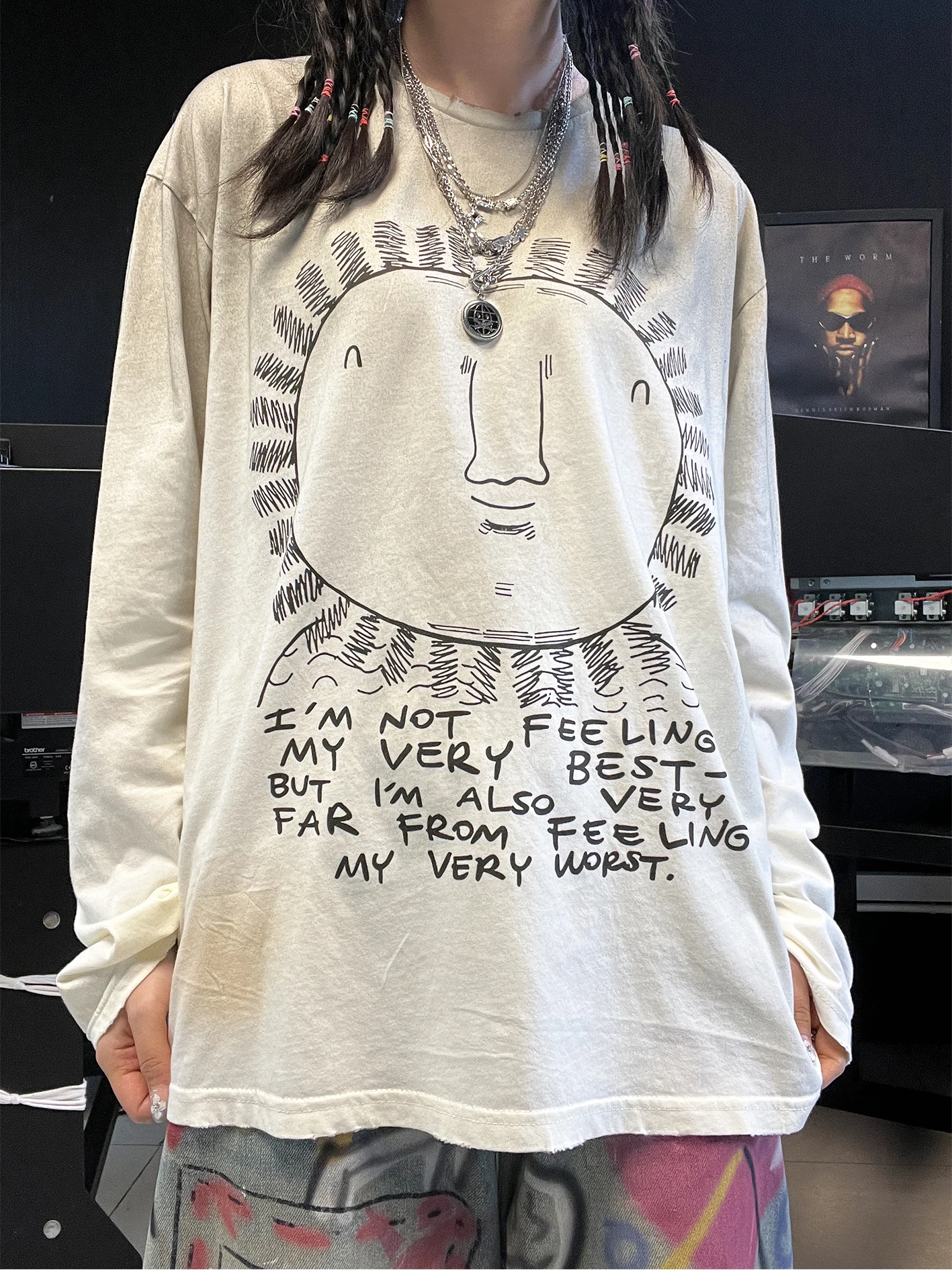 American Retro Dirty Long Sleeve T-Shirt Design Sense Top Wang Has Disease Studio Sun Face Style Cotton Polyester Blend