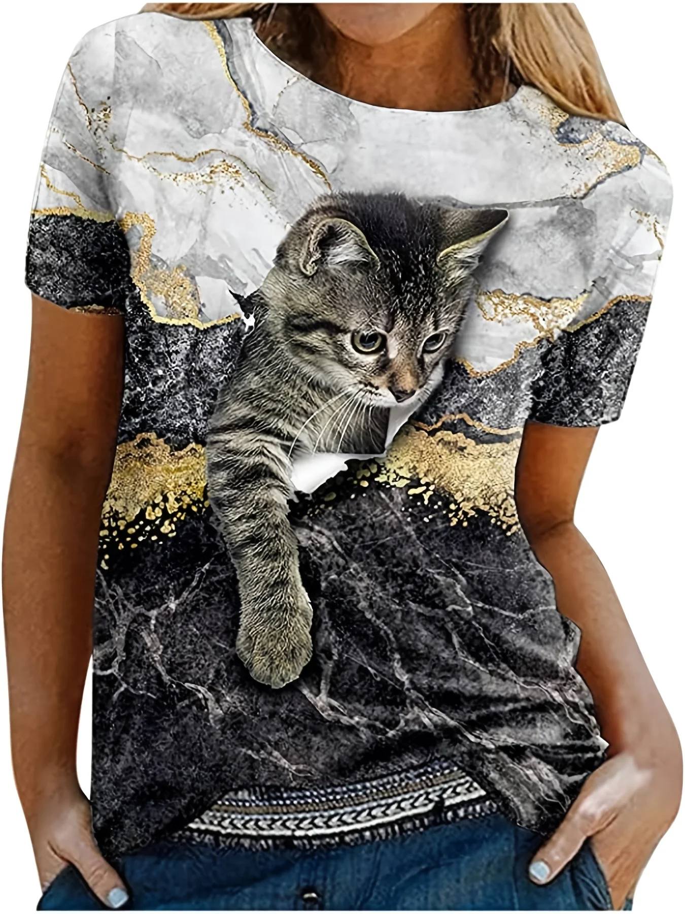 Women T‑Shirt Black Cat Butterfly 3D Break Through Print Crew Neck Short Sleeve Streetwear Daily Casual Tee Top Women's Clothes