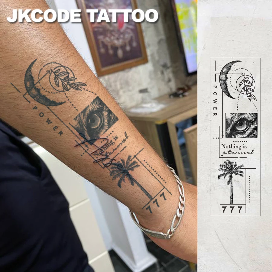 Waterproof Design Semi-Permanent Tattoos, New Moon-Cat's Eye-Coconut Tree-Hand-Drawn Pattern Tattoo-Chinese and English Lucky Number 777 Word Tattoo Design-Fashionable Large Size Men's Tattoo-Neck Hand Finger Women's Temporary Tattoo Lasts 15 Days