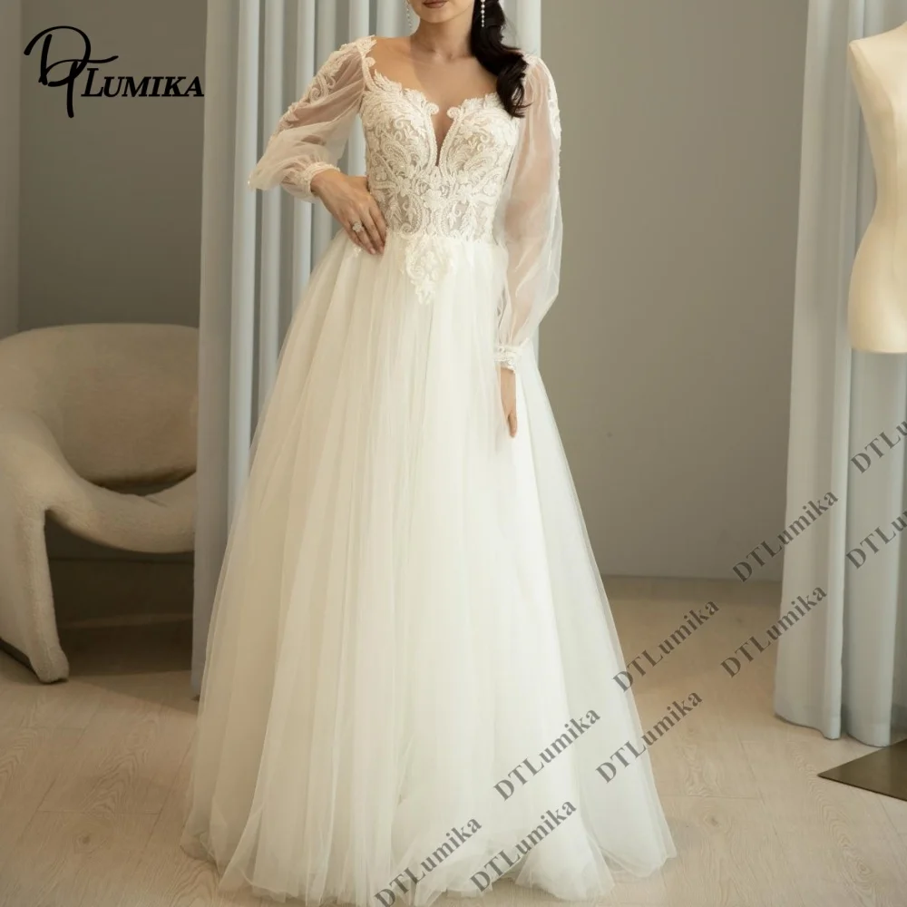 DTLumika Women Deep V Neck Wedding Dress Lace Detailing Long Illusion Sleeves Tulle Ball Gown Bridal Gown Princess Bride Dress