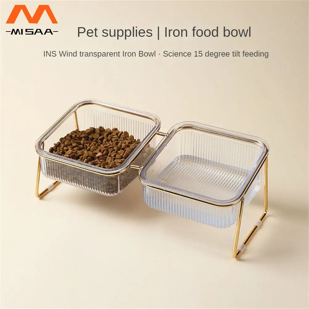 Food Container Easy To Clean High Foot Iron Art Pet Accessories Pet Bowl Oblique Mouth Rose Gold Single/double Bowl Pet Supplies