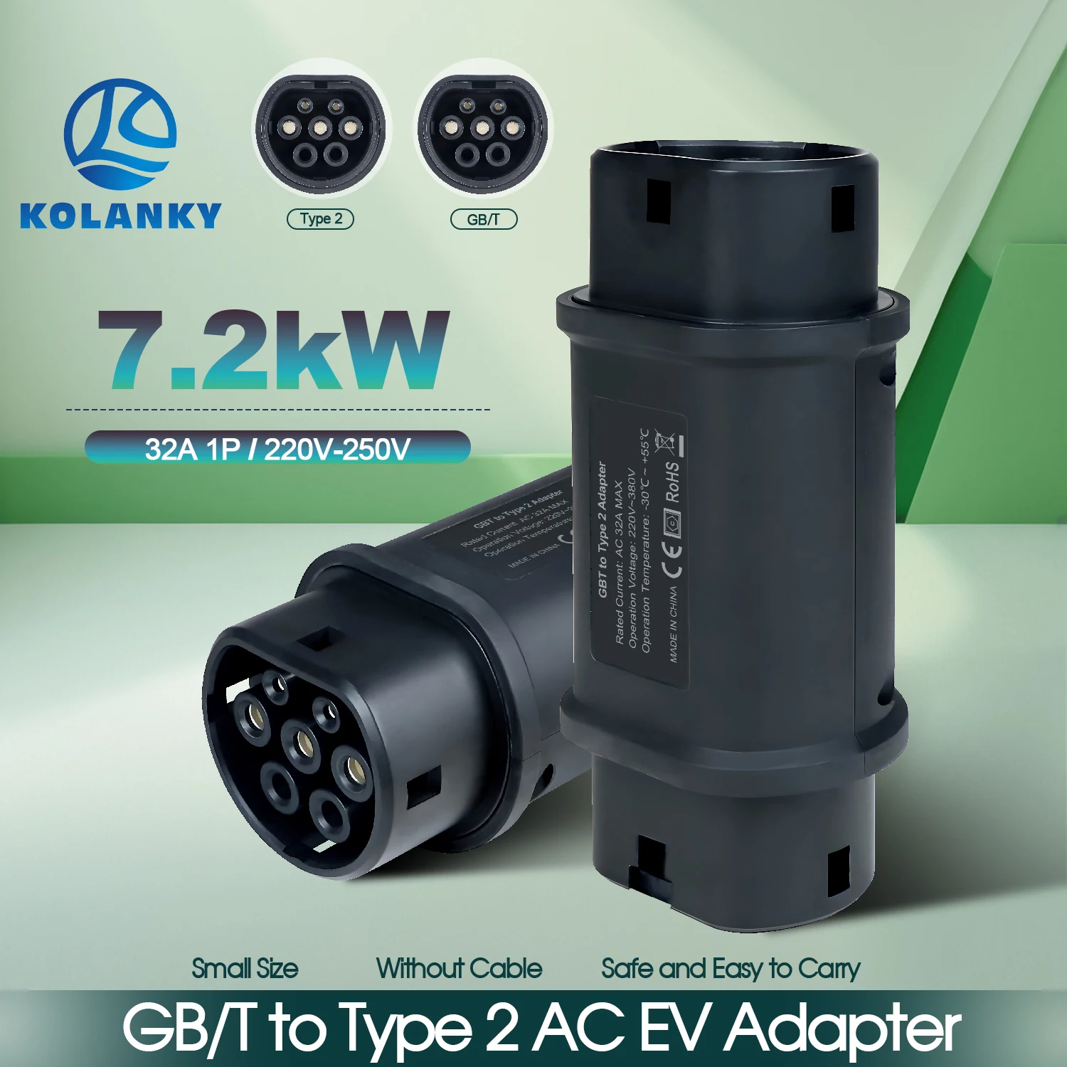 Kolanky EV Charger Adapter GB/T to Type 2 32A 7.2KW/22KW AC EV Connector for Type 2 European Standard Electric Vehicle Charging