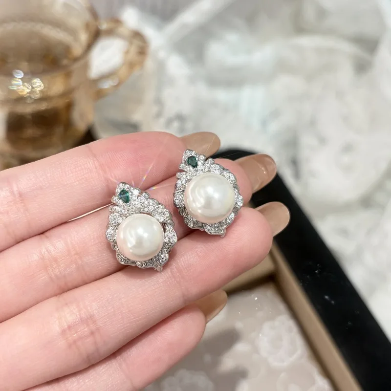 925 sterling silver French exquisite pearl earrings fashionable, luxurious, high-end zircon ring two-piece set new for women