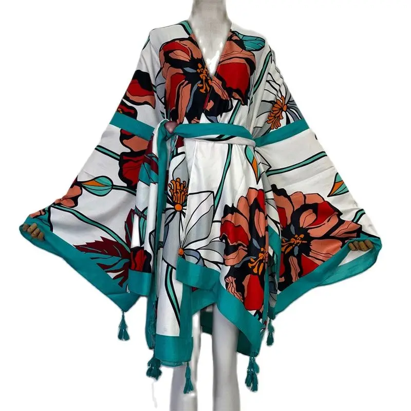 WINYI-ropa de playa de verano para mujer, Kimono de manga larga con cinturón, cárdigan bohemio, sexy, para vacaciones, novedad de 2022