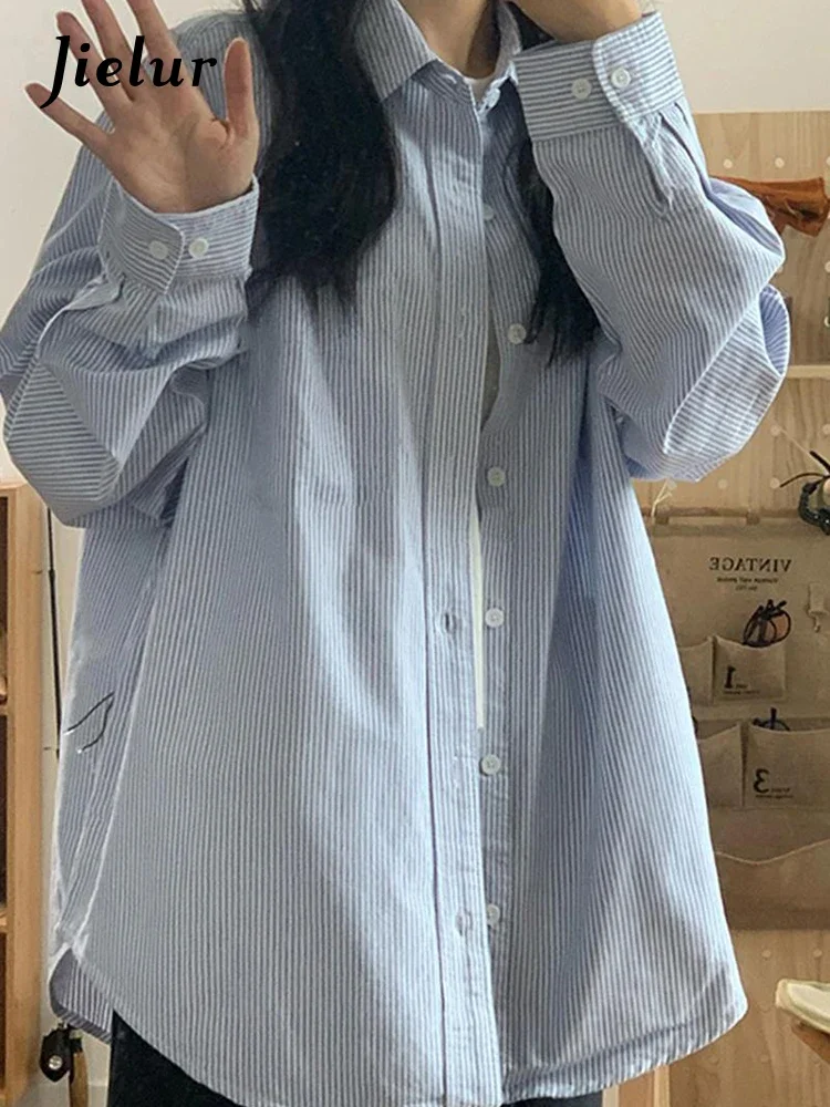 

Jielur New Chic Striped Women Shirt Spring Loose Casual Slim Simple Basic Woman Shirt Fashion Street Long-Sleeved Top Female