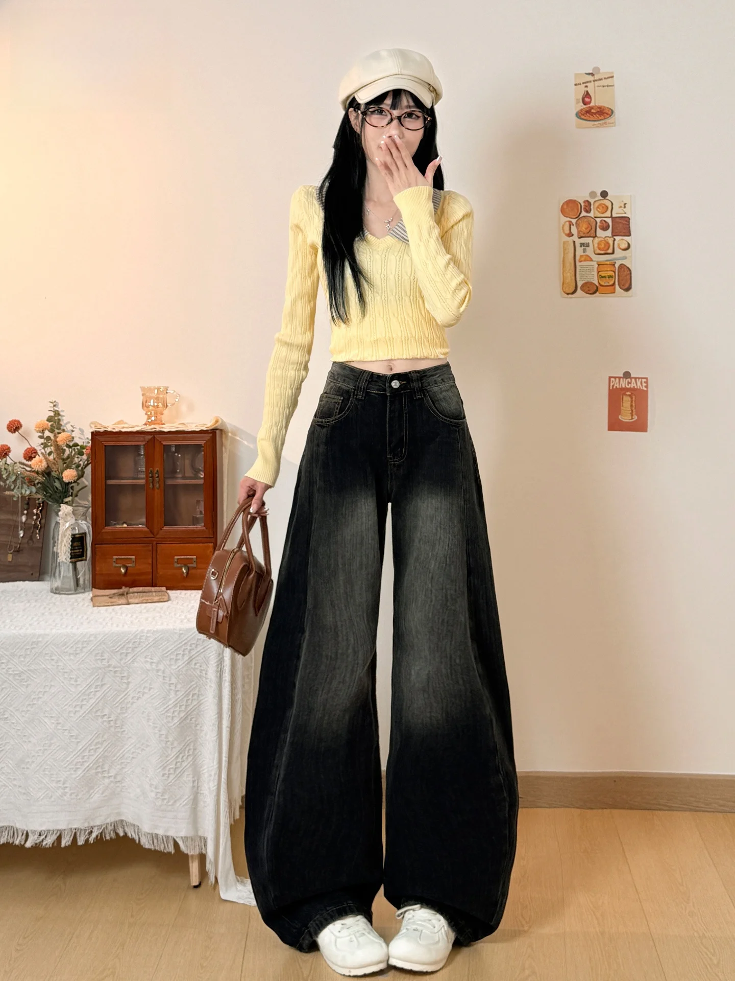 

Американские джинсы свободного кроя с широкими штанинами для женщин, весна-лето, повседневные, свободные, с эффектом похудения, с эффектом потертости, джинсовые брюки с дизайнерскими элементами