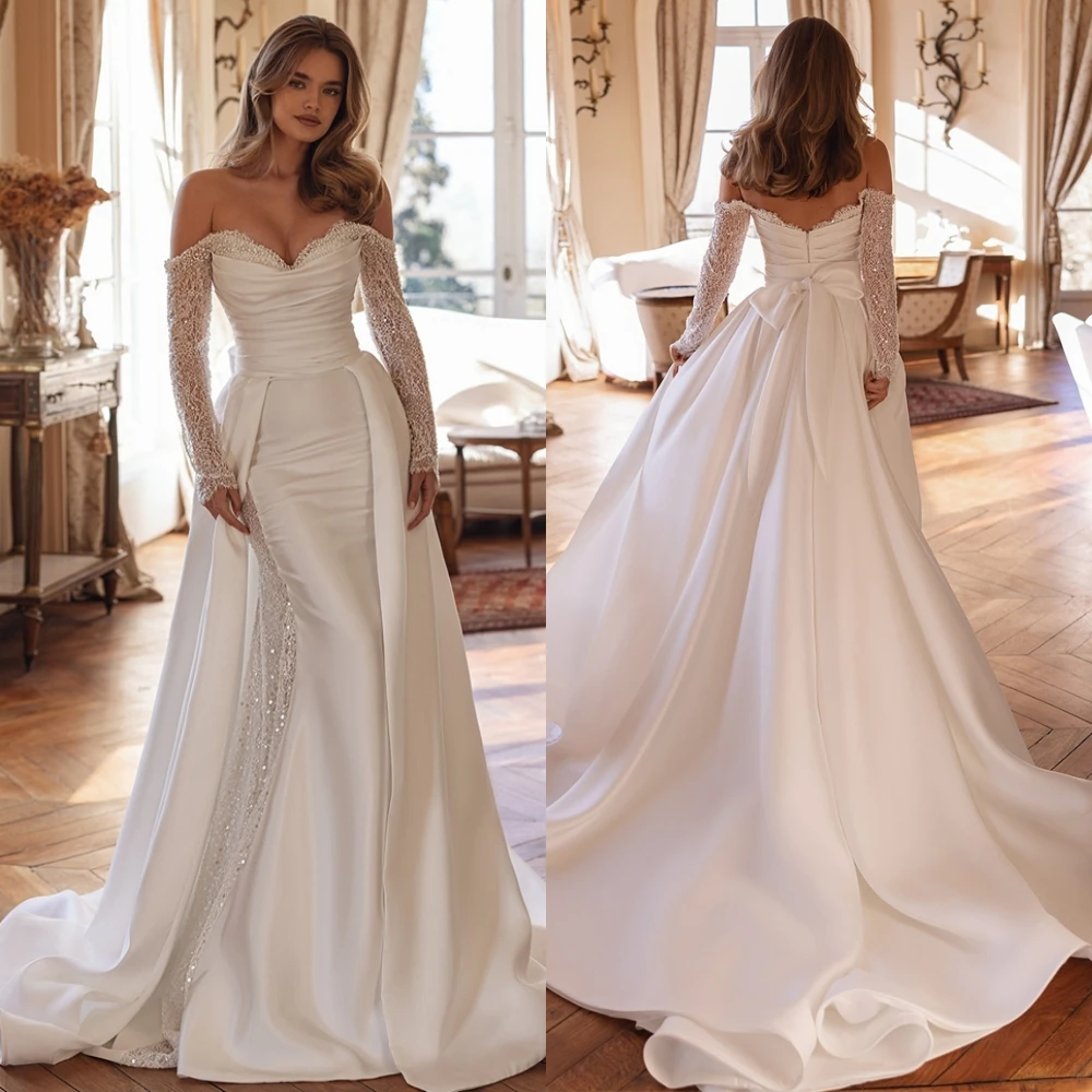 فستان سهرة من الساتان رائع مخصص برقبة على شكل حرف V وأكمام طويلة فساتين زفاف حساسة مطرزة للمناسبات الخاصة