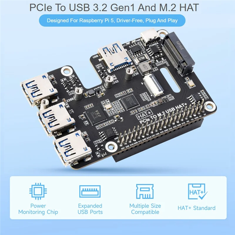 AA08-Pcie - USB 3.2 Gen1 및 M.2 HAT (라즈베리 파이 5용), NVMe 프로토콜 솔리드 스테이트 드라이브 지원, 4채널 USB 3.2 포트 확장