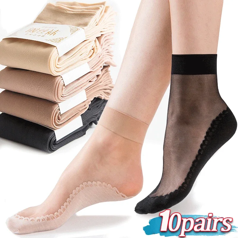 1/10pairs Lace Ultrathin Socks Women Summer Breathable Silk Socks Female Mesh Elastic Non-Slip Bottom Splice Ankle Short Sox