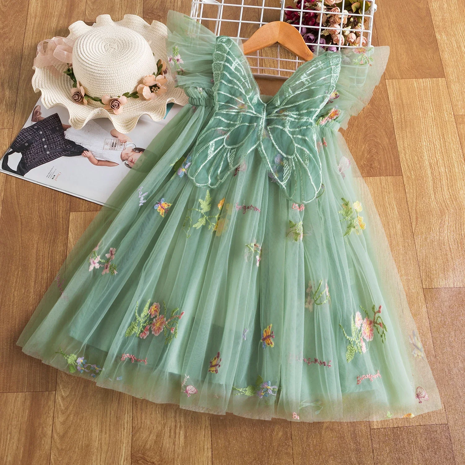 Sweet Baby Girls Christmas Green Dress Toddler Kids Back Butterfly Wings New Years Clothes Embroidery Mesh Tulle Dress 1-5Yrs