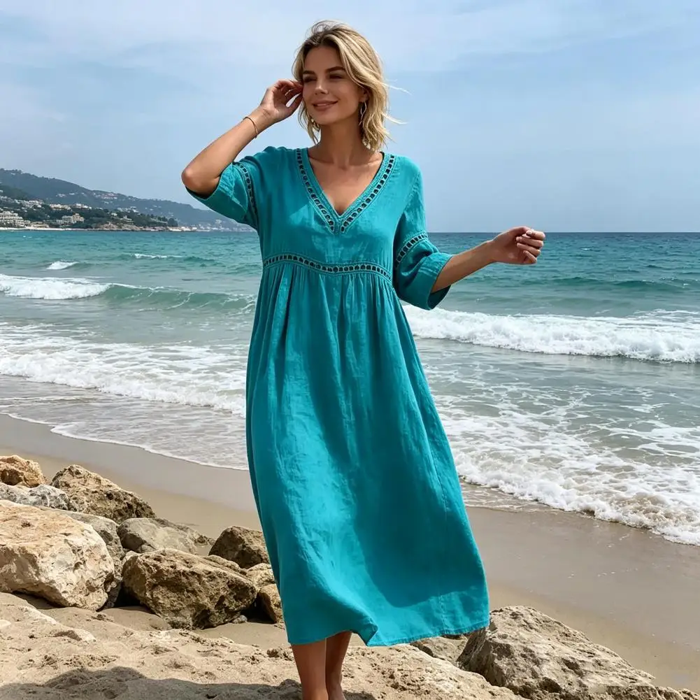 Summer Beachwear Linen Dress for Women, Casual Beach A-Line Flowy Sundress, Short Sleeve V Neck Hollow Eyelets Long Dress view 2