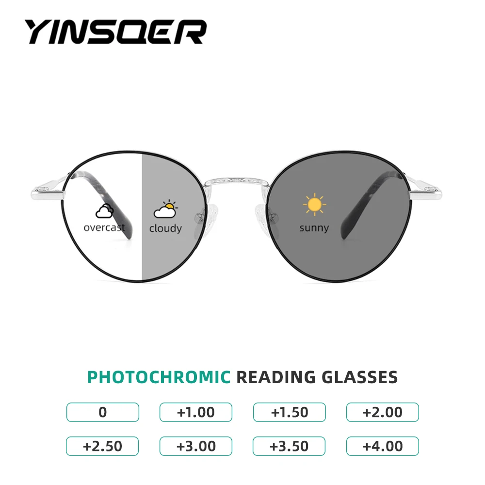 

YINSQER Photochromic Reading Glasses Round Eyepieces for Zoru Plus Optical Lenses with Medical Recipe Vintage Sun Glass for Men