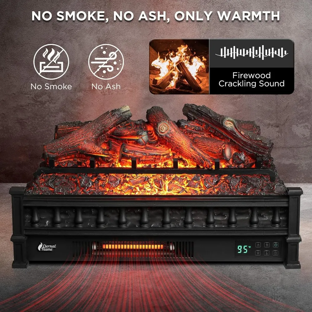 مدفأة كهربائية من الكوارتز بالأشعة تحت الحمراء مقاس 26 بوصة تعمل بالواي فاي مع صوت متصدع وسخان خشب الليمون الواقعي