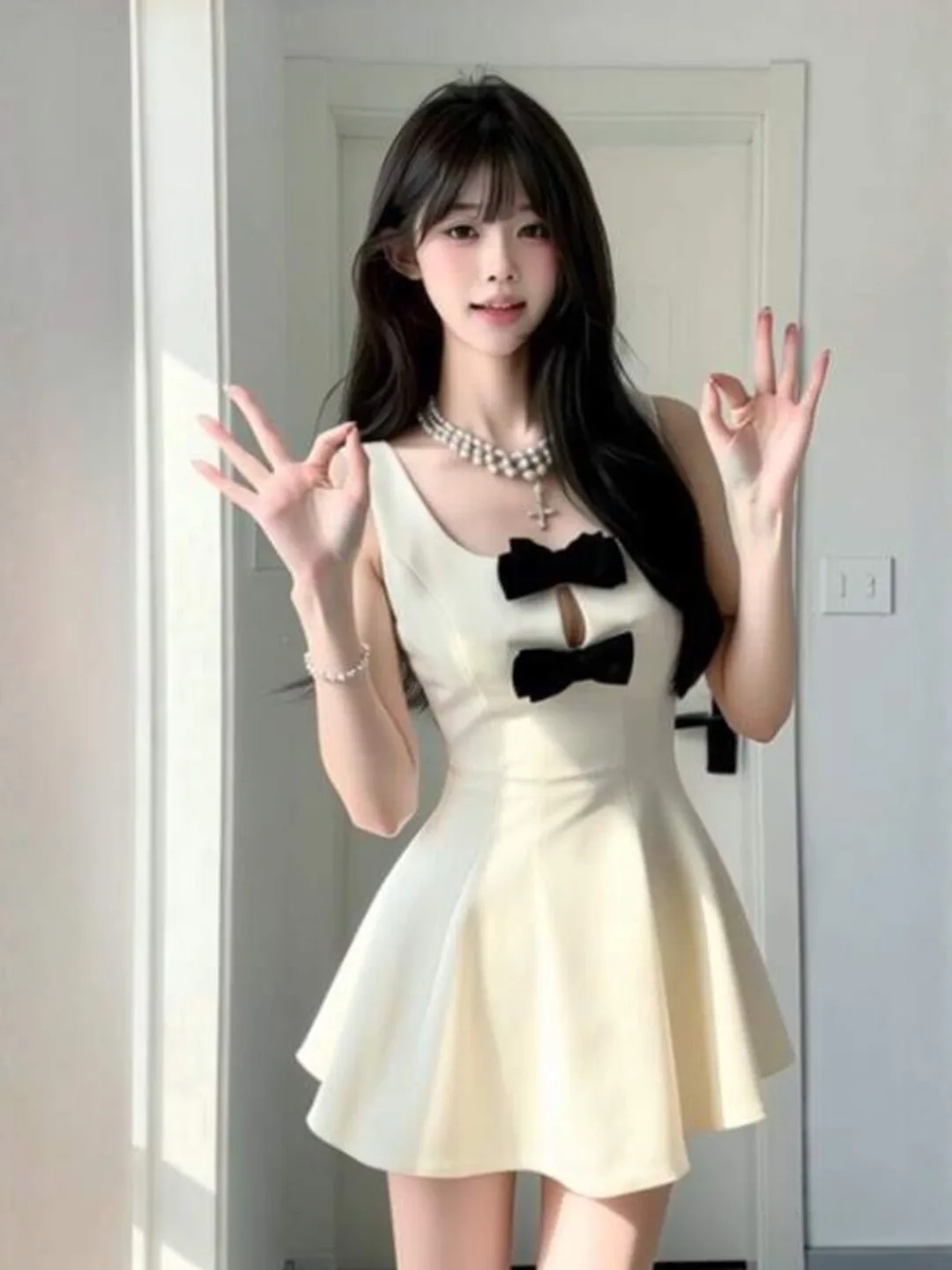 

Korean Style Knot Halter Dress Puffy Short Skirt Waist Cinched Summer Fashionable Cotton Blend Casual Dress